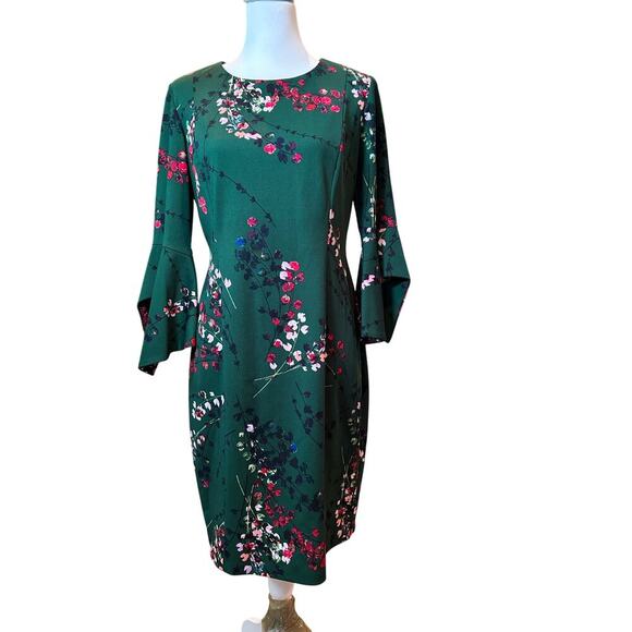 Taylor Dresses & Skirts - Taylor Green Pink Floral Bodycon Dress Bell Sleeve - Size 10